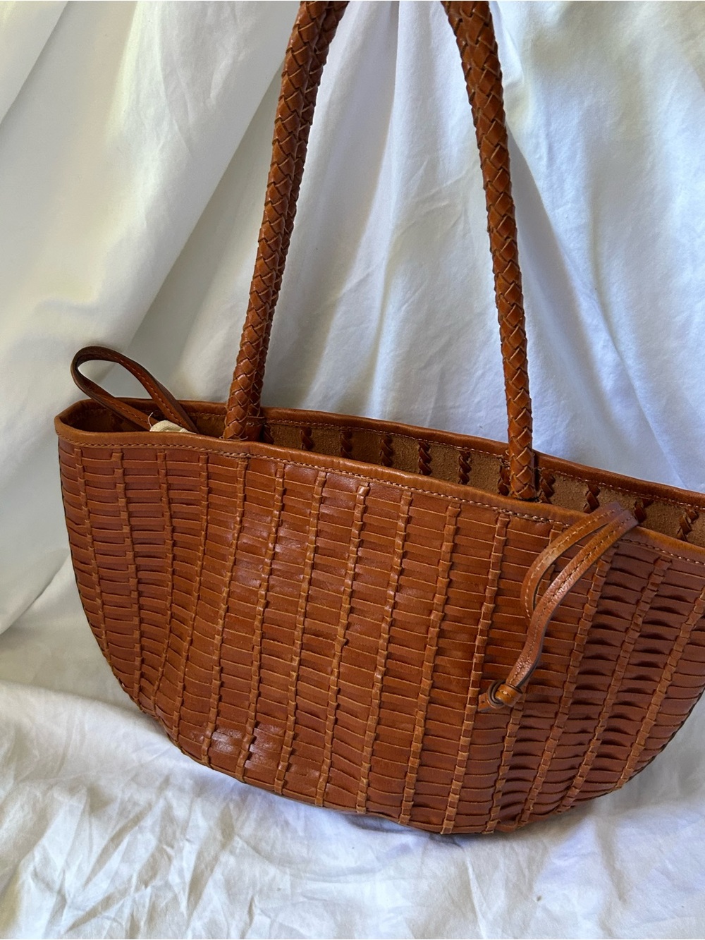Zara Woven Leather Tote in Cognac Brown